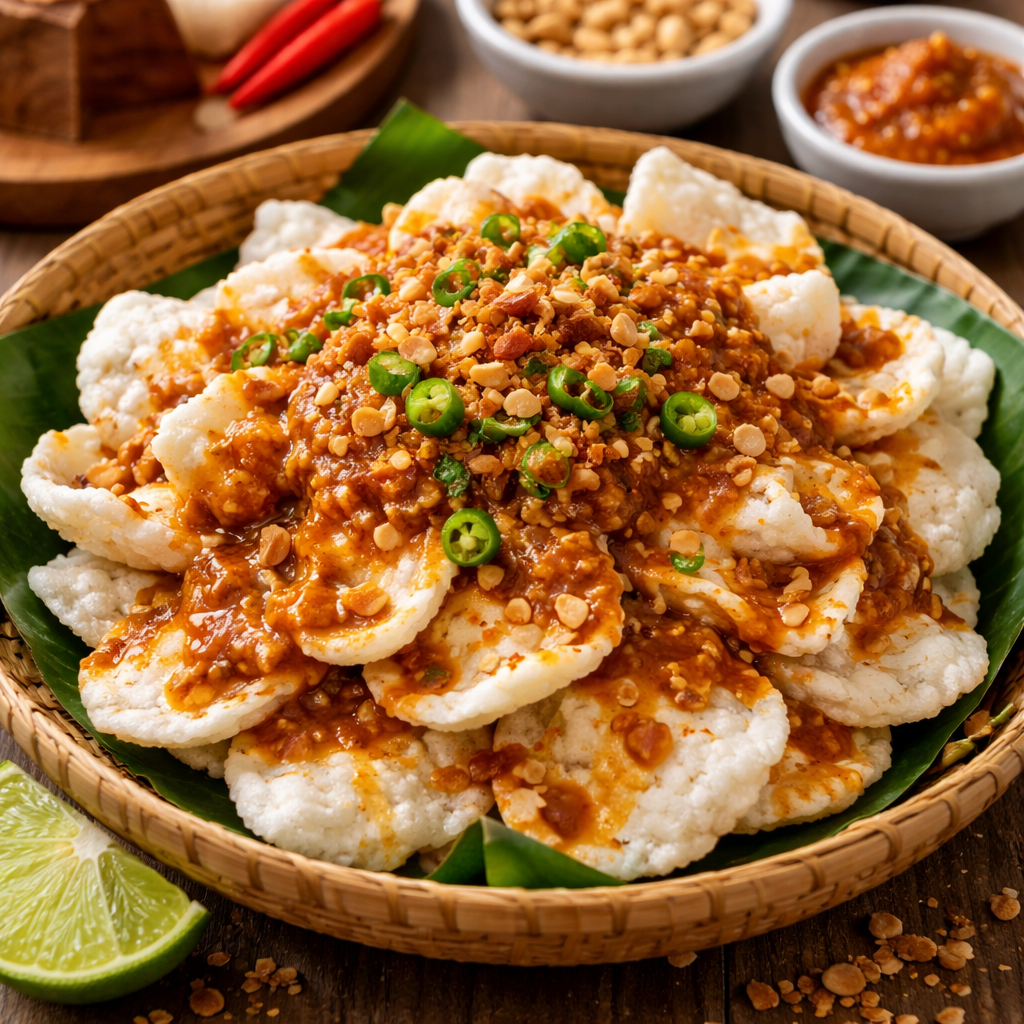 Kerupuk Eat and Eat – kerupuk asinan dengan siraman bumbu kacang dan gula merah